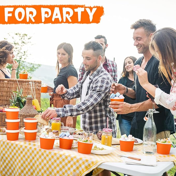 Fulmoon 100 Pack Paper Soup Containers with Lids Disposable Paper Food Containers with Vented Lid Kraft Ice Cream Cake Dessert Cups Soup Bowl for Party Hot Food Fruit Microwave(8 oz,Orange)