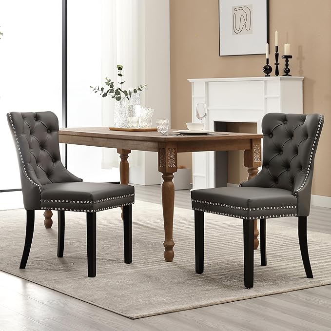 KCC Faux Leather Dining Chairs Set of 2, Upholstered High-end Tufted Dining Room Chair with Nailhead Back Ring Pull Trim Solid Wood Legs, Contemporary Nikki Collection Modern Style for Kitchen, Gray