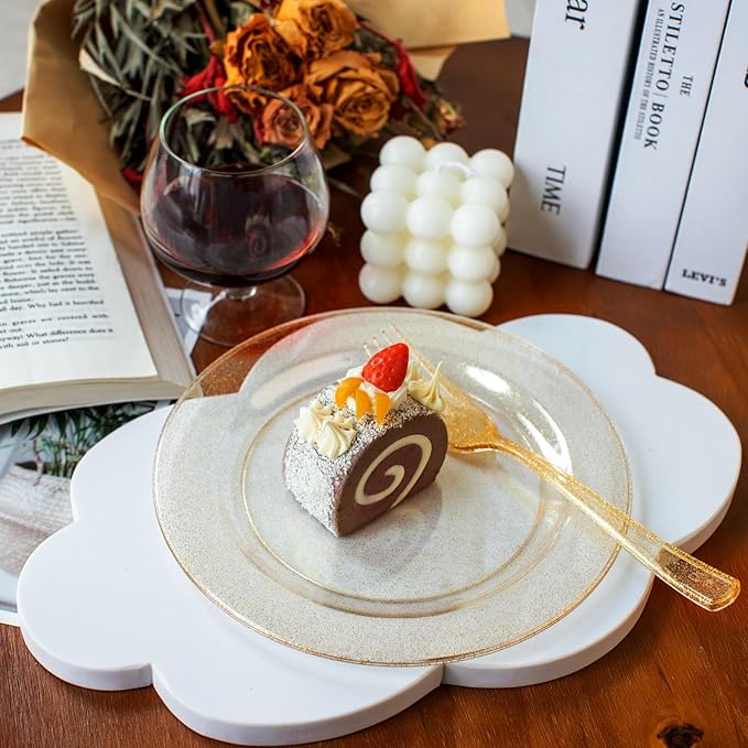 I00000 72 Pieces Plastic Dessert Plates 7.5" & 72 Pieces Gold Disposable Forks 7.4" with Gold Glitter, Gold Disposable Plates, Plastic Salad Plates for Birthday, Wedding & Party
