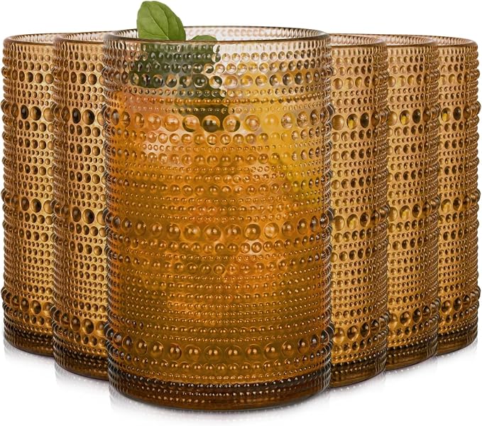 Amber Hobnail Drinking Glasses Set of 6, 15 oz Vintage Highball Glasses by JPPSUJJ
