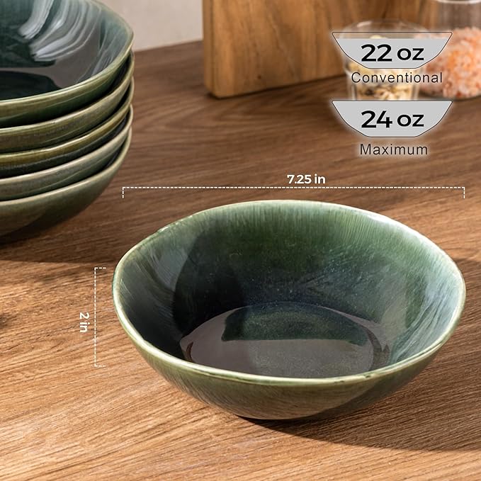 AmorArc Ceramic Cereal Bowls Set of 6, 24 oz Handmade Stoneware Bowls for Cereal Soup Salad Bread, Stylish Kitchen Bowls for Meal, Dishwasher & Microwave Safe-Earth Green