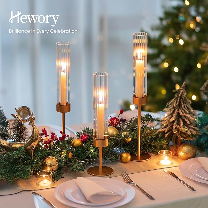 Hewory Gold Hurricane Candle Holders: Brass Candlestick Holders Set of 6 Tall Taper Candle Holders for Candlesticks Candle Sticks Holder Decor for Table Centerpiece Wedding Party Christmas Decorations