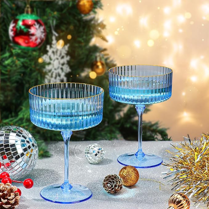 XUWAIDSGN 100 Pcs Champagne Martini Glasses 9 Oz with Gilded Removable Gold Rim Coupe Glasses Pink Martini Glasses Plastic Mimosa Vintage Coupe Glasses Set For Wedding Anniversary (100, Clear Blue)