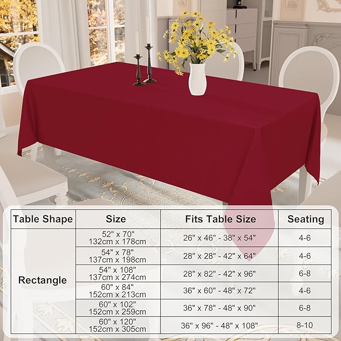 Smiry Rectangle Table Cloth, Waterproof Anti-Scratch Polyester Tablecloth, Decorative Washable Fabric Table Cover for Dining, Buffet, Parties and Outdoor, 60x84, Wine Red