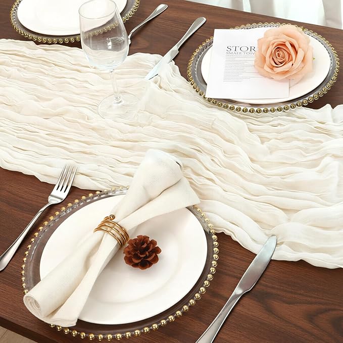 1 Pack Ivory White Cheesecloth Table Runner 120 Inch Boho Wedding Decor | - Image 5
