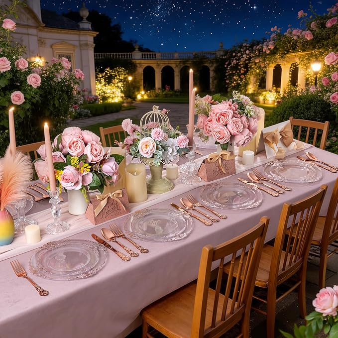 102PCS Rose Gold Plastic Plates - Clear Rose Gold Plate - Heavy Duty Disposable Plates - Fancy Disposable Dinner & Dessert Plate for 51 Guests for Party & Wedding & Valentines