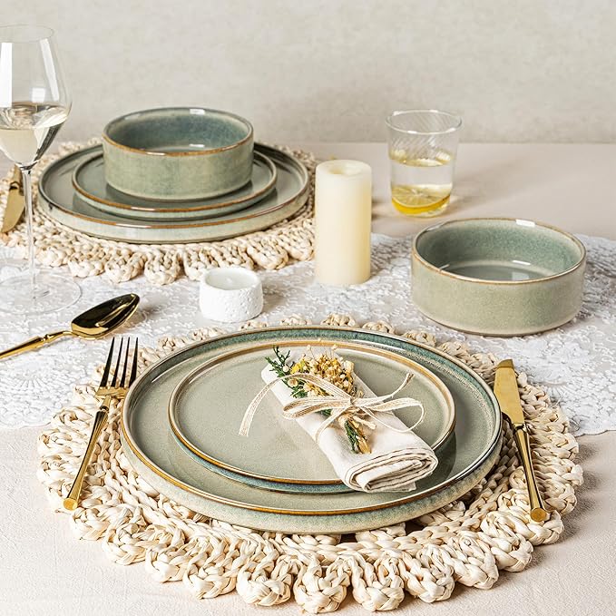 AmorArc Ceramic Dinnerware Sets, Handmade Reactive Glaze Stoneware Plates and Bowls Sets,Highly Chip and Crack Resistant | Dishwasher & Microwave Safe Dishes Set, Service for 6 (18pc)
