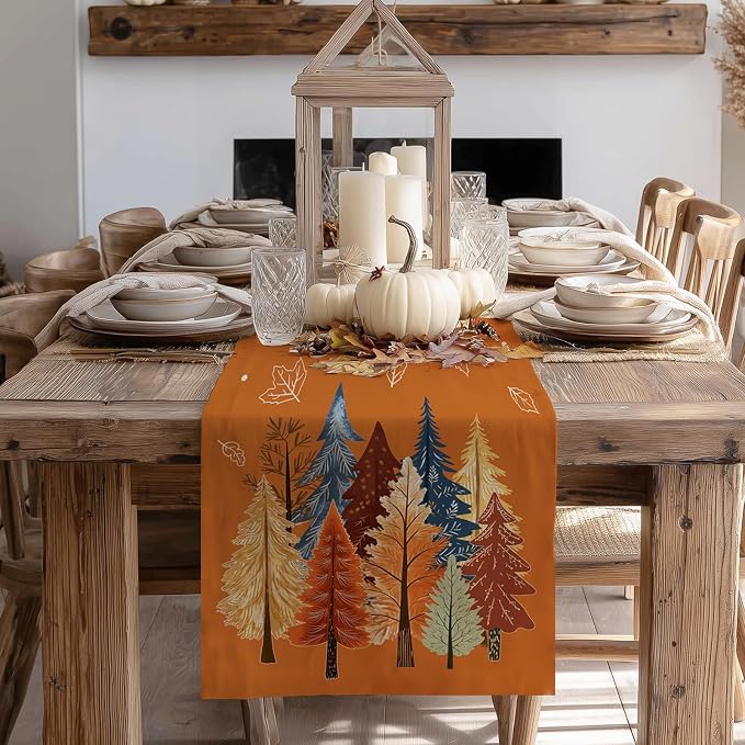 Fall Watercolor Trees & Maple Leaves Table Runner 13x108 Inch, Rustic Farmhouse - Image 5