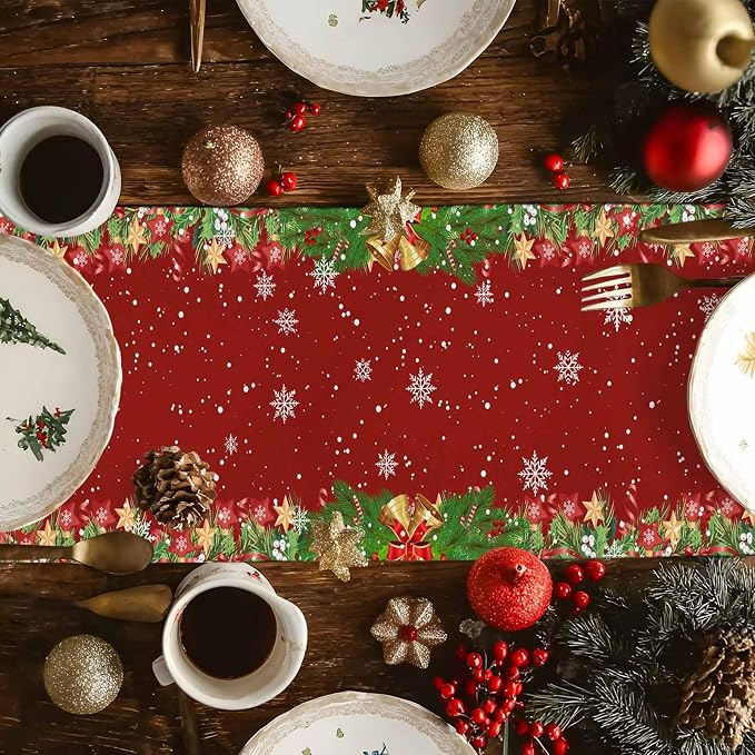 Merry Christmas Table Runner 48 Inches Long, Santa Xmas Tree Snowflake Table - Image 4