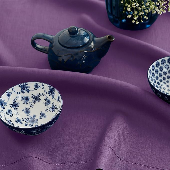 Solino Home Linen Tablecloth for Rectangle Tables 60 x 144 Inch - Classic Hemstitch 100% Pure Linen Purple Table Cloth - Machine Washable Cloth Tablecloth for Valentines, Spring, Easter