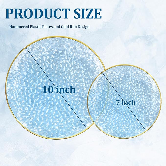 DaYammi 100PCS Blue and Gold Plastic Plates - 10 inch Clear Blue Gold Dinner Plates - Hammer Pattern Design - Fancy Disposable Plates - Heavy-Duty Party Plate for All Occasions