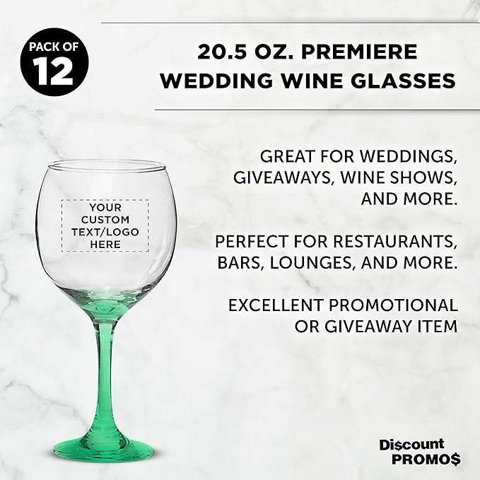 Custom Premiere Wedding Wine Glasses 20.5 oz Set of 12, Personalized Bulk Pack - Restaurant Glassware, Perfect for Red Wine or White Wine - Green