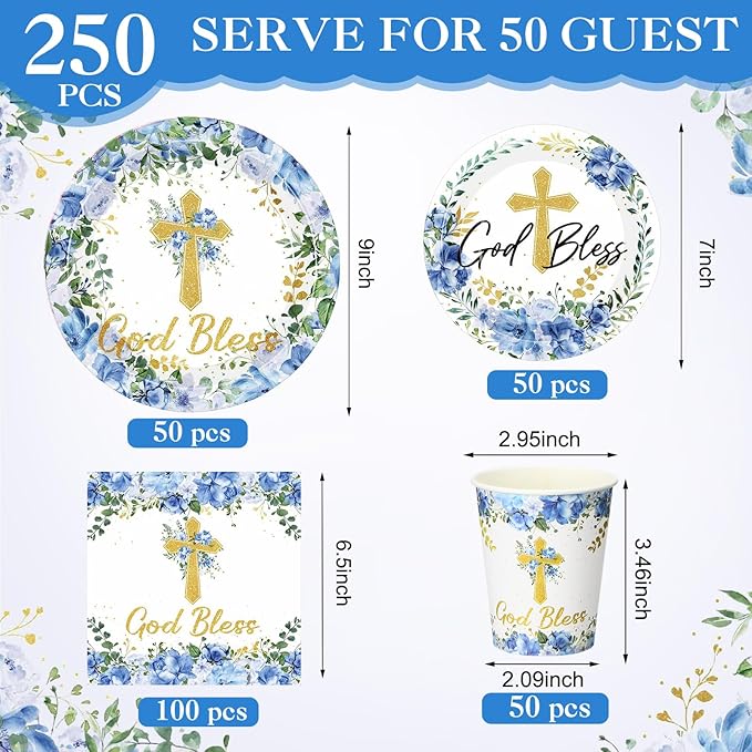 Pickmesh 250 Pcs Blue Baptism Cross Disposable Tableware Set First Holy Communion Baptism Disposable Paper Plates Napkins and Cups for Christening Celebration Baby Shower Religious Supplies