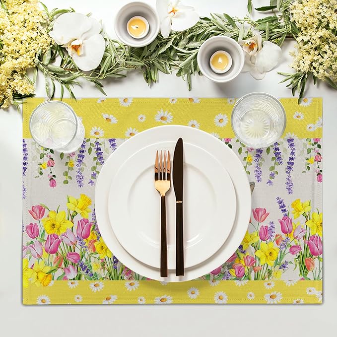 Floral Bunny Placemats - Happy Easter Place Mats Set of 4 Spring Rabbit Daisy Tulip Flowers Tablemats 12x18 for Party Kitchen Farmhouse Yellow