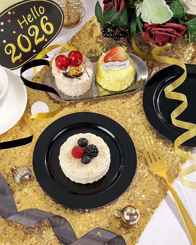bUCLA 100 Pieces Black Plastic Plates - 6.25 inch Disposable Dessert/Salad/Appetizer/Small Cake Plates for Party, Graduation & New Year