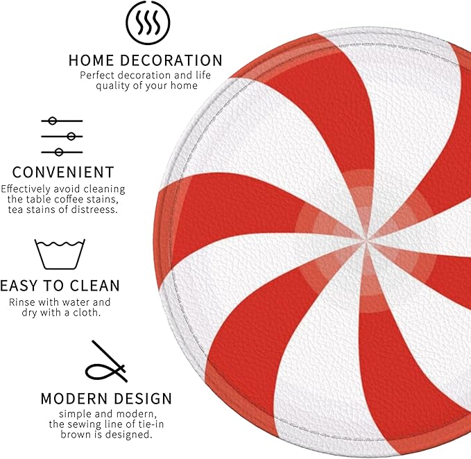 Christmas Candy Coasters Leather Round Drink Coasters 6 Pcs Set with Holderor for Cup Drink Coffee Table Bar Home Decor