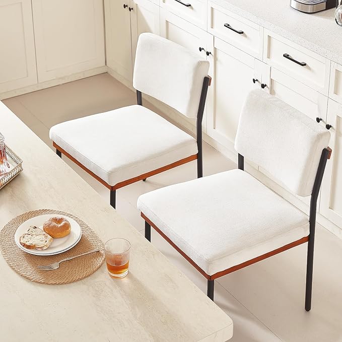 Modern Dining Chairs Set of 4, Kitchen Chairs with Thick Cushions and Adjustable Foot Pads, Upholstered Fabric Dining Room Chairs with Sturdy Metal Legs,White