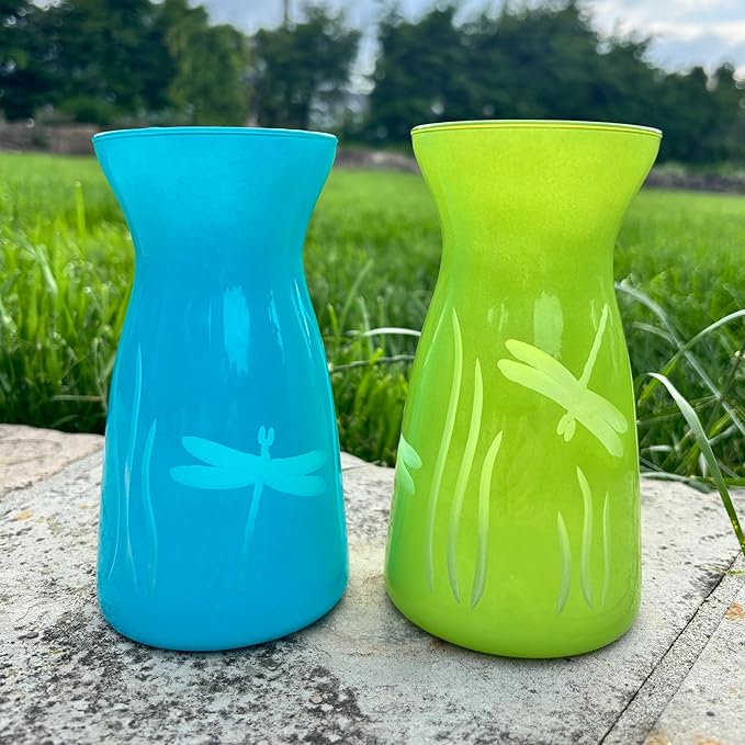 Rolf Glass Dragonfly Colored Glass Vases | 6.5" Flower Vases | Diamond-Wheel Engraved | Designed and Engraved in the US | Bright Blue and Green Glass | Nature-Inspired Design | Set of 2