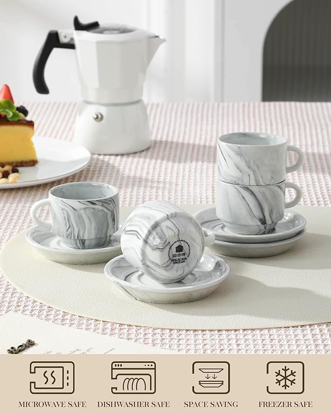 MALACASA 2.5 OZ Porcelain Espresso Cups with Saucers and Metal Stand Set of 4, Stackable Cappuccino Cups, Marble Gray Expresso Shots Cup Set for Coffee Drinks, Latte, Tea