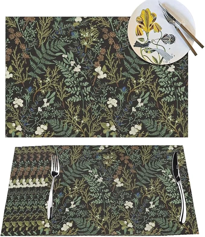 Botanical Print Floral Placemats Set of 4 Black Sage Green Spring Flower Plant Wipeable Table Mats Reusable Washable PVC Rectangle Place Mats for Kitchen Dining Home Decor 12x18 Inches