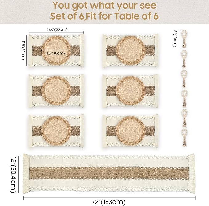 Placemats Set of 6 w/Charger Plates Table Mats Table Runner & Napkin Rings | - Image 5