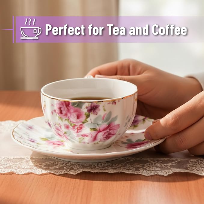 BTaT- Floral Tea Cups and Saucers, 7 oz, Fine Porcelain Teacup Set - Image 4