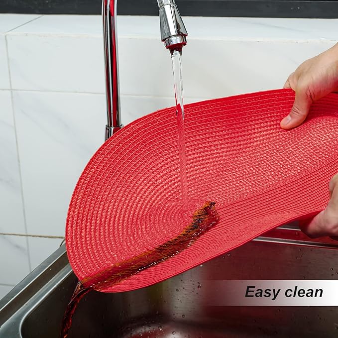 FunWheat Oval Braided Placemats Set of 4 Table Mats for Dining Tables Washable Heat Resistant Place Mats for Indoor Outdoor Use 12 x18 Inch(Oval Red, 4pcs)