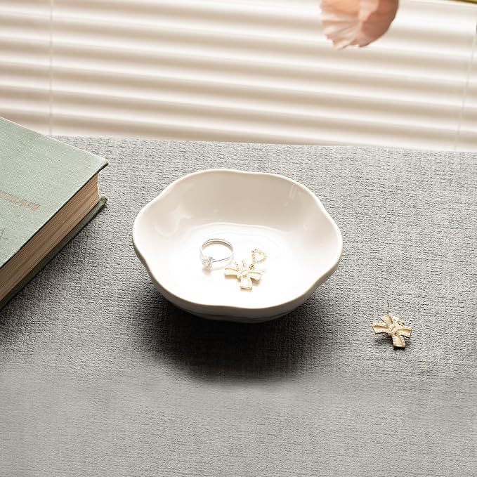 Ceramic Jewelry Tray Ring Holder Dish Floral Trinket Bowl for Women Girls Jewelry Organizer for Vanity Dresser Decor Wedding Birthday Gift for Her (white)