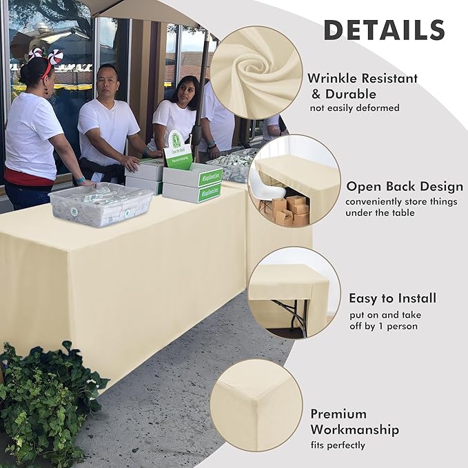 Nasitos 2 Pack Beige Tablecloths Fitted for 8 Foot Tables-Open Back Folding Table Cover Washable and Wrinkle Resistant Table Cloth Rectangle, Trade Show, Parties, Wedding, Banquet, Buffet, Craft Fair