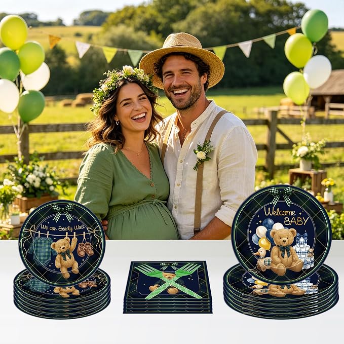 96 Pcs We Can Bearly Wait Baby Shower Decorations, Bear Tableware Set | - Image 7
