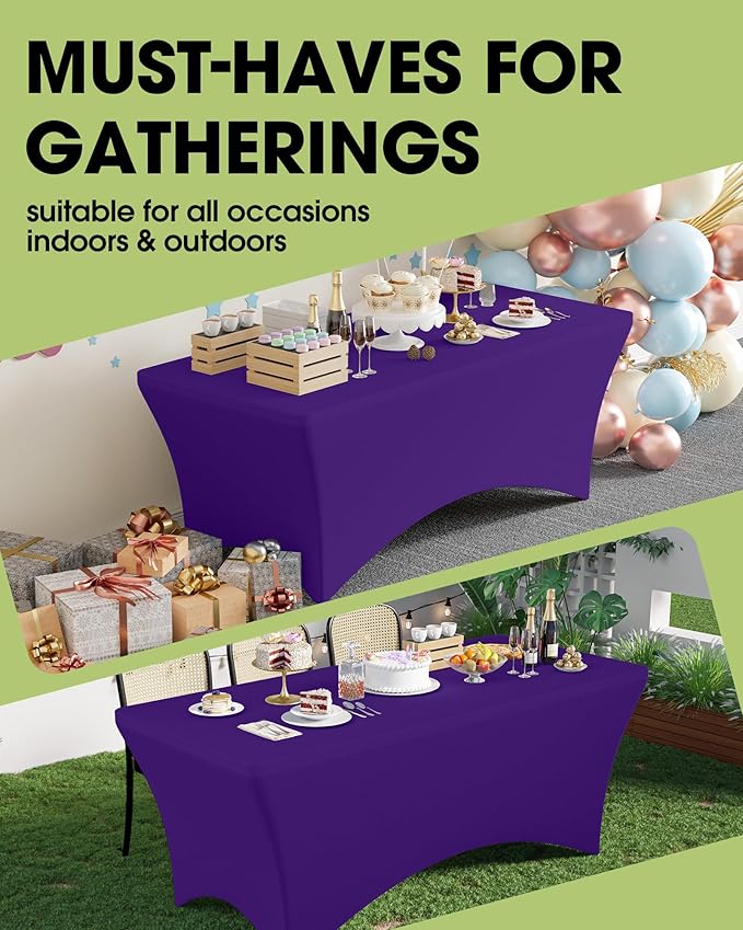 Pureegg Spandex Tablecloth 6ft - 2 Pack, Fitted and Tight Cloth for Rectangle Table, Wrinkle-Free and Stretch Table Cover for Party, Wedding, Banquet and Birthday, Purple