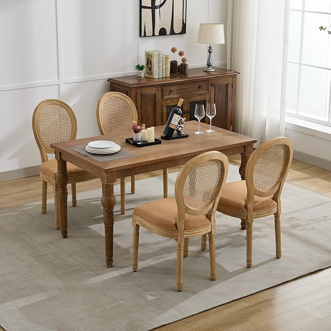 Vintage French Rattan Dining Chairs Set of 6, Round Back Accent Chairs with Rattan Backrest and Upholstered Linen Seat, Solid Wood Frame Sillas de Comedor for Dining Room & Kitchen, Camel
