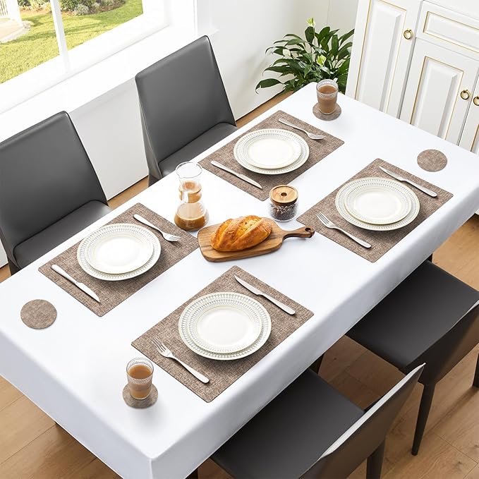 MOSAYT Placemats Set of 8, Heat Resistant Vinyl Place Mats with Coasters, Wipeable Washable 100% Waterproof Oil Proof Faux Leather Table Mats for Kitchen Dining Party Outdoor, 12" x 17", Khaki