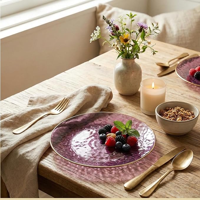 R-kay 100 Pack Purple Plastic Plates - 6 Inch Hammered With Gold Rim, Sturdy, Durable And Extra Heavy duty Purple Plastic Dessert Plates Disposable - Ideal For Appetizer And And For Desserts.