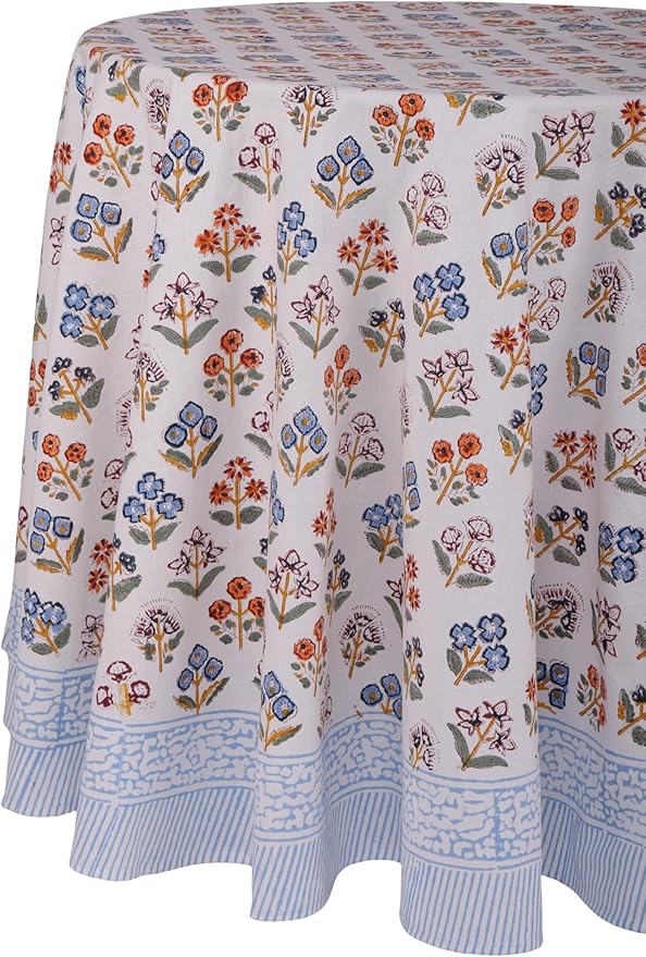 ATOSII Flora Bloom 100% Cotton Fall Round Tablecloth, Handblock Print Floral Table Cloth for Kitchen Dining Linen I Thanksgiving, Christmas, Weddings, Outdoors, Parties I 72" Inches Diameter