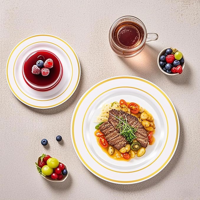 Zcaukya 100PCS Gold Plastic Plates, Disposable Plastic Dishes with Gold Rim in Bulk, 50 Pcs Each 10.25 Inch and 7.5 Inch for Dinner, Birthday and Wedding