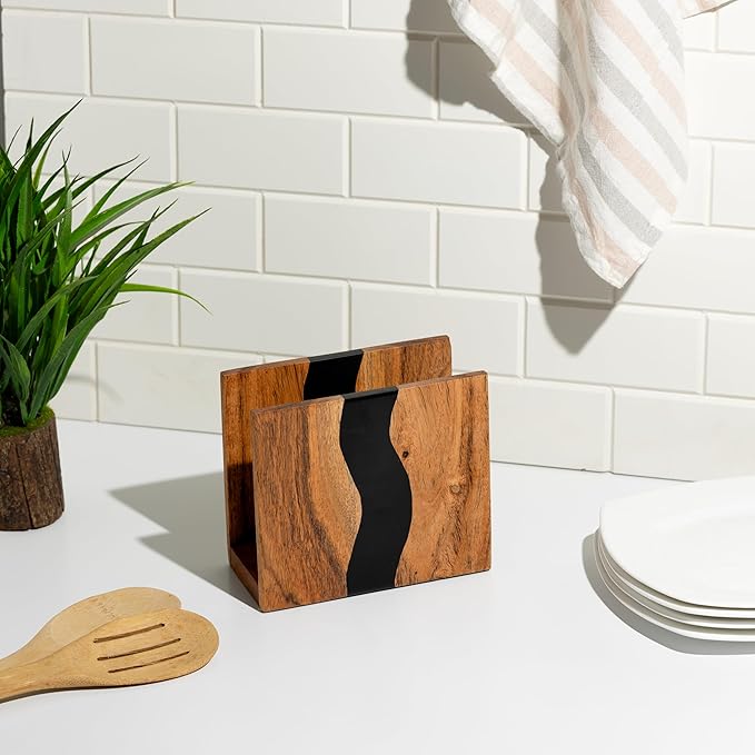 Acacia wood & Transparent Epoxy resin Napkin holder for table, Rustic farmhouse napkin organisation for kitchen, dining, counter tops, restaurant or outdoors | 6x5x2.5 inches|(Black)