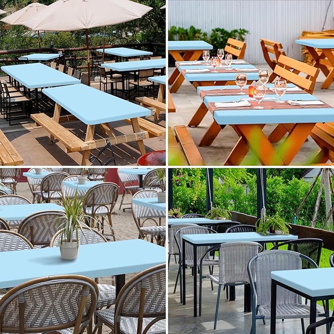 homing 2 Pack Rectangle Table Cloth, Elastic Fitted Fabric Tablecloth Fits for 8 Foot Folding Tables, Washable Table Cover for Picnic, Camping, Indoor & Outdoor (Light Blue, 30" x 96")