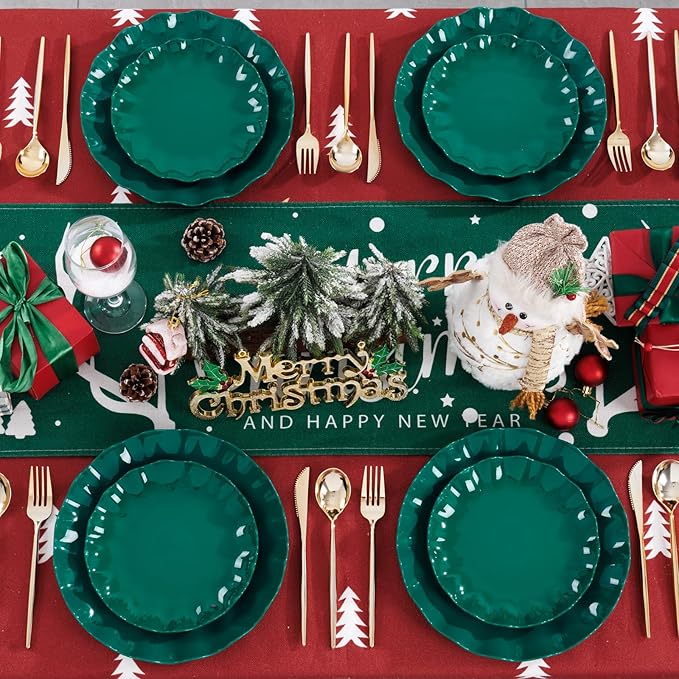 LIYH 50 Pcs Green Plastic Christmas Plates Reusable - Christmas Plastic Plates Unbreakable Holiday Dinnerware Dishes Fancy Scalloped Plate Dishwasher Safe BPA Free for Xmas Day (25Guests)