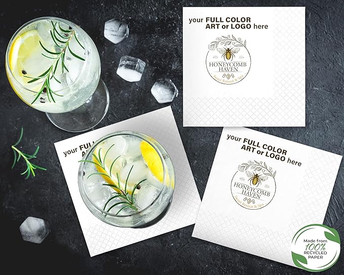 100% Recycled Custom Cocktail Napkins - Personalized 100% Recycled Napkins - Eco-friendly & Full-Color Digital Printed - Weddings, Events & Celebrations - Pack of 50 - Diamond Edge Embossed, 5"x 5"