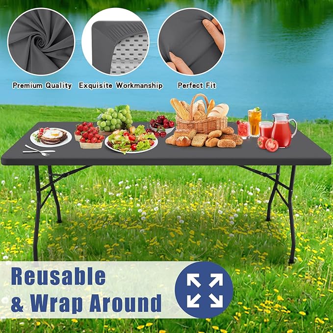 Spandex 5 Foot Rectangle Table Cloth 2 Pack, Elastic Fitted Tablecloths for Picnic, Stretch Washable Patio Table Cover for Outdoor, Camping, Banquet and Parties (Dark Grey, 30"x60")