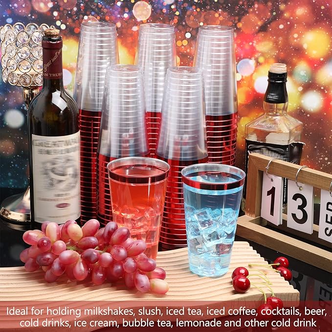 Patelai 100 Pcs 16oz Plastic Cups Disposable Rimmed Cups Heavy Duty Drinking Wine Glasses for Christmas Winter Birthday Beer Taste Serving Snack Sample Tastings Barbecues Picnic(Red)