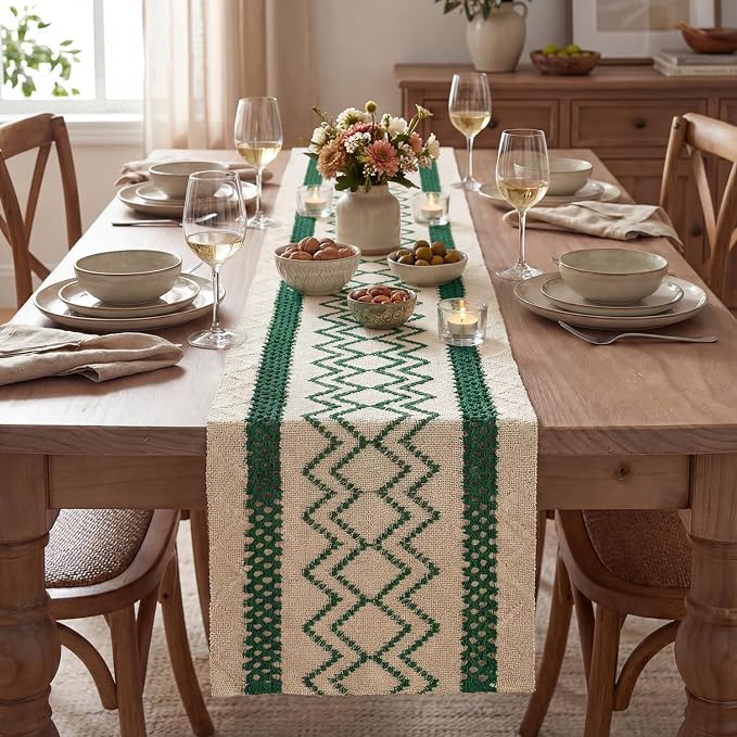 Artoid Mode Forest Green Stripe Diamond Woven Table Runner 12x120 Inch | - Image 2