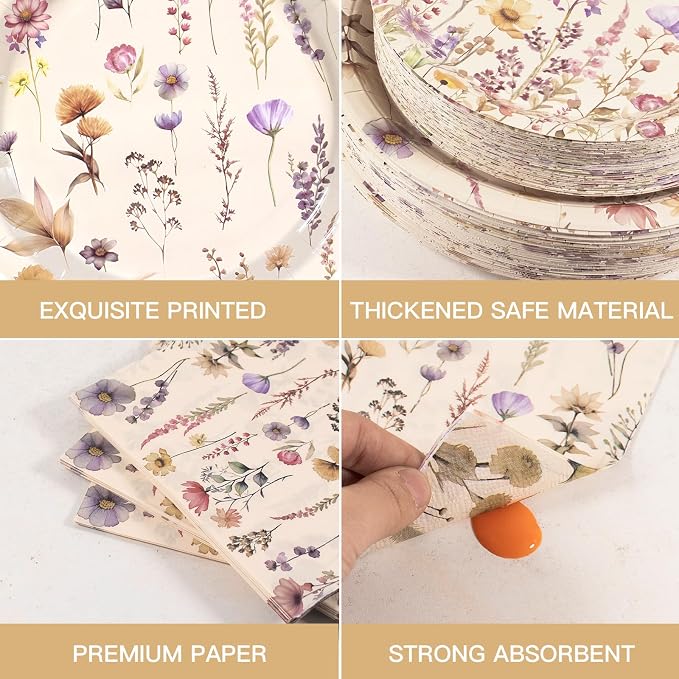 Vintage Wildflower Paper Plates Napkins party Supplies, Serve 60 | 180 Pcs - Image 3