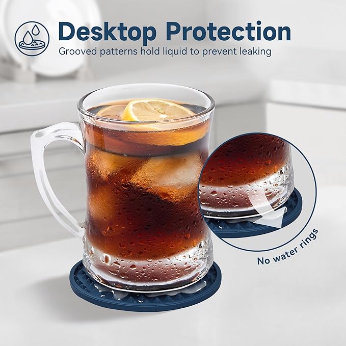 Coasters for Drinks, Silicone Coasters Set of 6 with ABS Holder, Outdoor Coaster for Coffee Table, Non-Slip Rubber Table Cup Mat Desk, Heat Resistant & Scratch-Proof (Navy Blue)