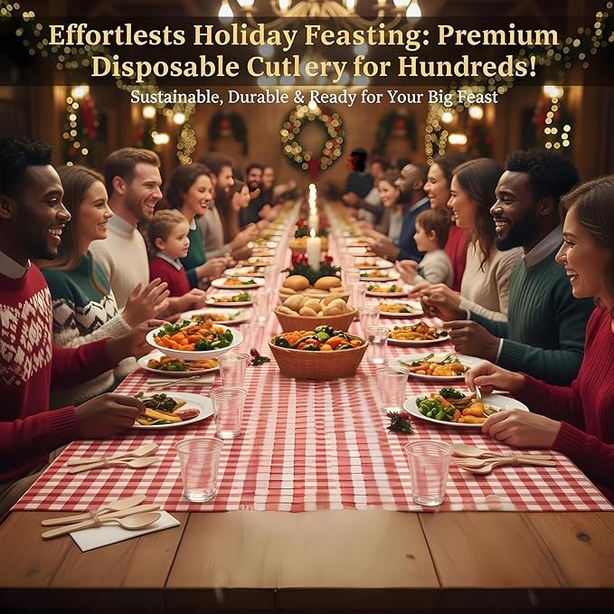 300 Pack Wooden Cutlery Set (100 Forks, Spoons, Knives) - 6 Inch Disposable Birch Wood Utensils for Thanksgiving & Christmas Parties - Heavy Duty, Splinter-Free Biodegradable Cutlery
