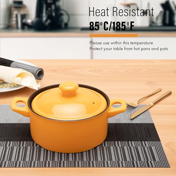 Winknowl Placemats Set of 8, Heat Resistant Non-Slip Vinyl Woven Table Mats for Dining Table, Washable Durable Elegant Place Mats for Kitchen Indoor/Outdoor Use (Black)