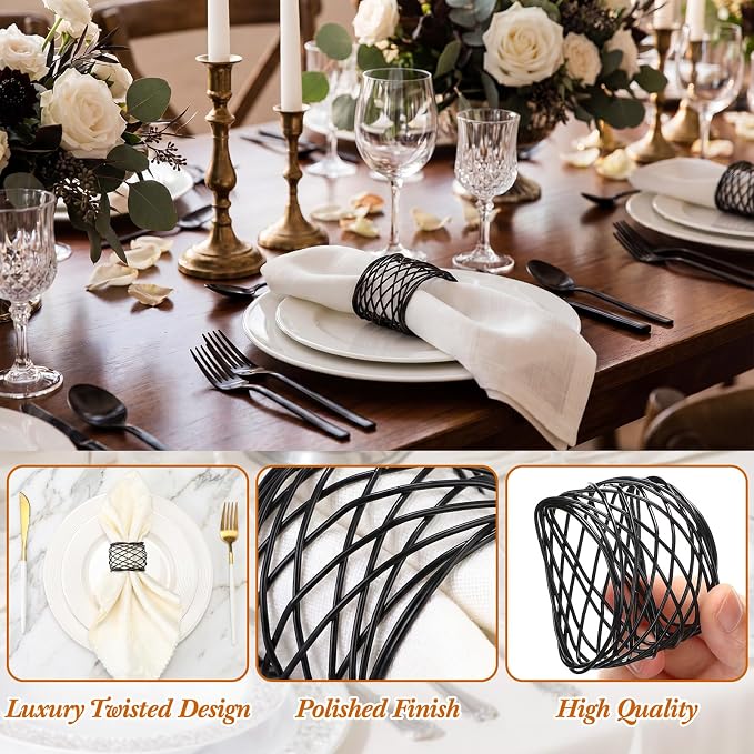 LemonRoad 12 Pcs Black Twisted Wire Mesh Napkin Rings Metal Napkin Holders - Image 4