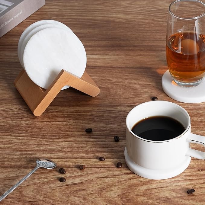BCS Marble Coasters Set of 6 - Premium White Stone Coasters for Drinks with Holder - Cup Mats for Coffee, Tea, Beer, Wine - Elegant Table Decor for Home, Office, Dining