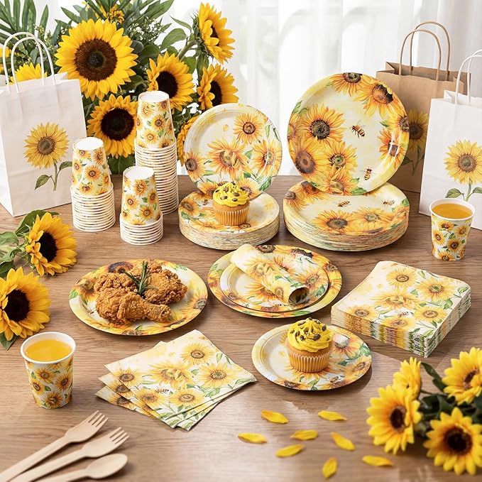 Pickmesh 250 Pcs Sunflower Birthday Disposable Tableware Set Floral Themed Disposable Paper Plates Napkins and Cups for Birthday Wedding Bridal Shower Baby Shower Tea Party Supplies